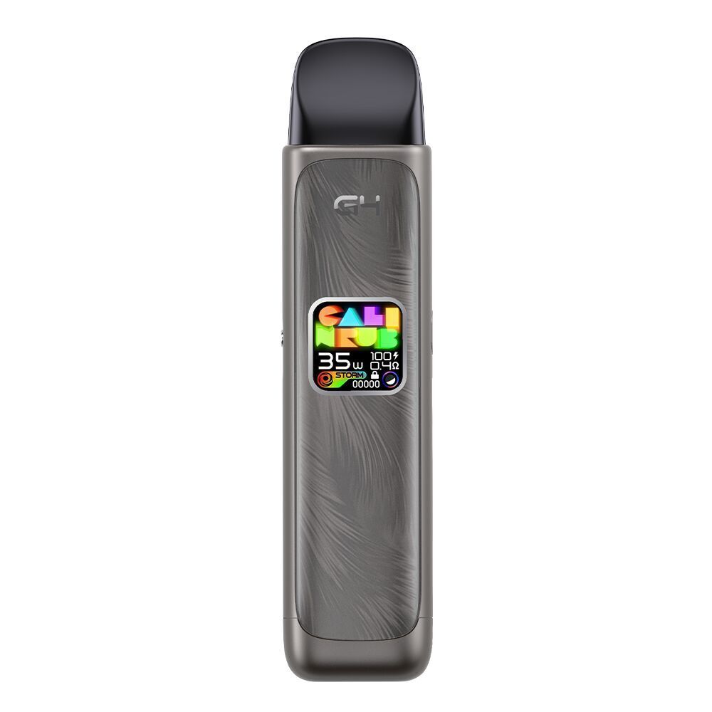 Uwell Caliburn G4 Pod Kit - Gunmetal Grey Uwell Caliburn G4 Pod Kit in Gunmetal Grey mit farbigem Bildschirm auf der Vorderseite, zeigt Statusinformationen wie Leistung und Akkustand an.
