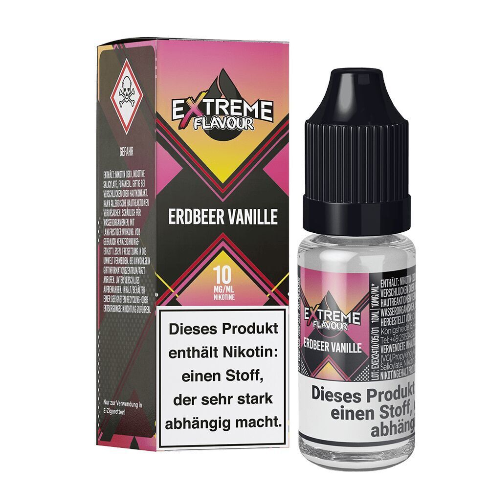 Liquid Erdbeer Vanille 10mg - Extreme Flavour Flasche und Verpackung von Extreme Flavour Nikotinsalz Erdbeer Vanille mit 10 mg/ml Nikotingehalt und Warnhinweis auf Abhängigkeit.