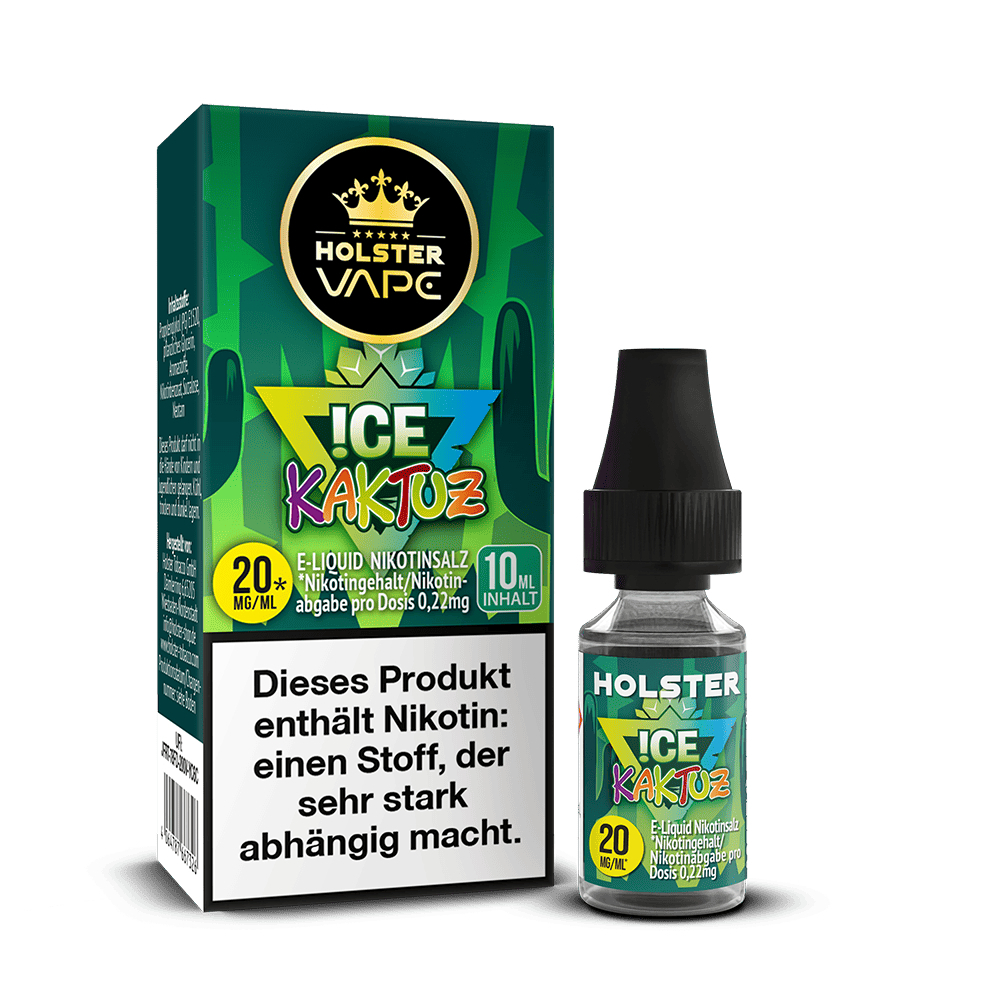 Holster Nikotinsalz Ice Kaktuz 20mg E-Liquid Nikotinsalzflasche und Verpackung mit Warnhinweis, verziert mit buntem Design.