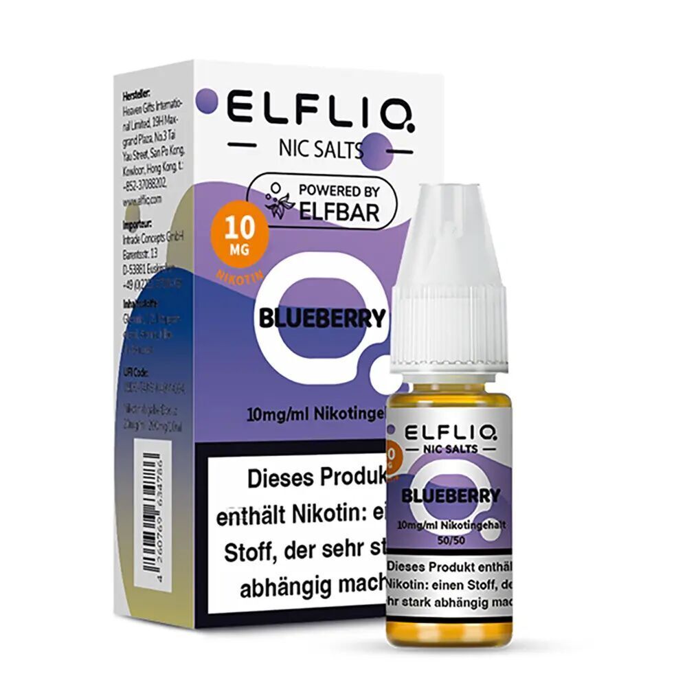 Elfliq Nikotinsalz - Blueberry 10mg Elfliq Nikotinsalz Blueberry E-Liquid, Flasche mit weißem Verschluss, Verpackung zeigt 10 mg Nikotingehalt und enthält Gesundheitswarnung.