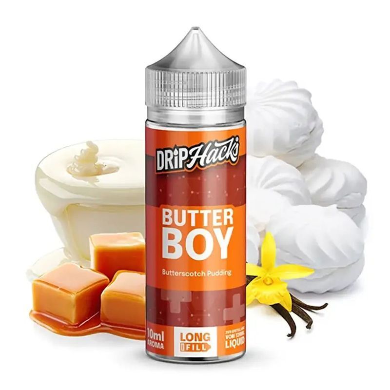 Aroma Butterboy von Drip Hacks Drip Hacks Aroma Butterboy Flasche vor Vanilleblüten, Karamellwürfeln, weißem Dessert und Schlagsahne.