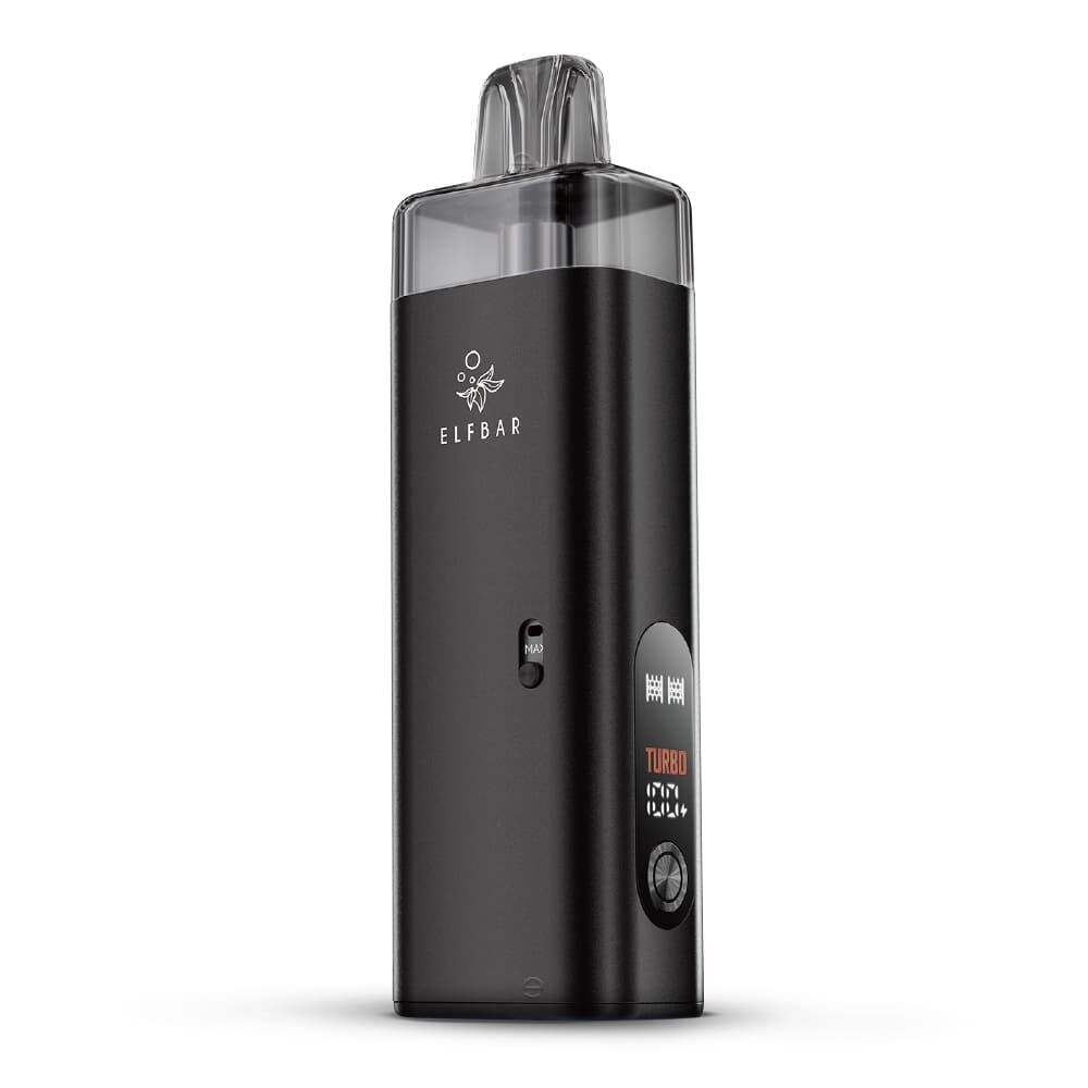 Elfbar Elfx Mega Pod Kit - Black Elfbar Elfx Mega Pod Kit in Schwarz mit transparentem Mundstück, Anzeigeleuchte, "TURBO"-Beschriftung und einstellbarem Knopf.