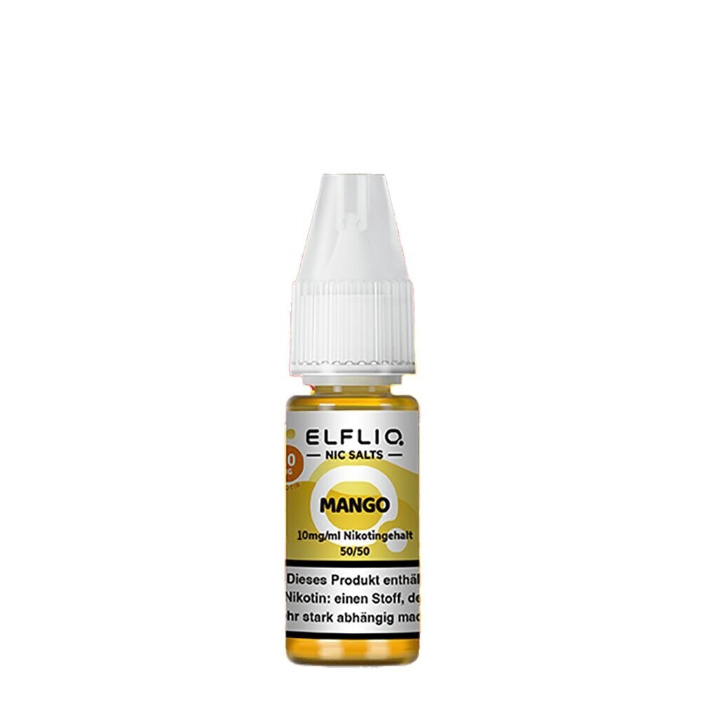Elfliq Nikotinsalz Mango 10mg Flasche mit weißem Deckel und gelbem Etikett, 10mg/ml Nikotingehaltsangabe, Warnhinweis unten.