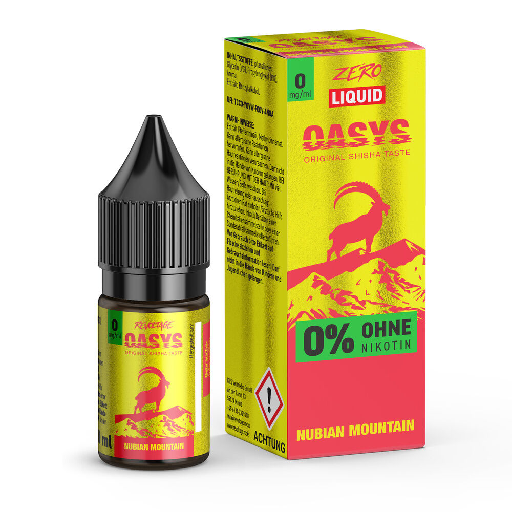 Revoltage Oasys Hybrid Liquid - Nubian Mountain Revoltage Oasys Hybrid Liquid Nubian Mountain: Gelbe Flasche und Verpackung mit rotem Berg- und Ziegenmotiv, 0% Nikotin.