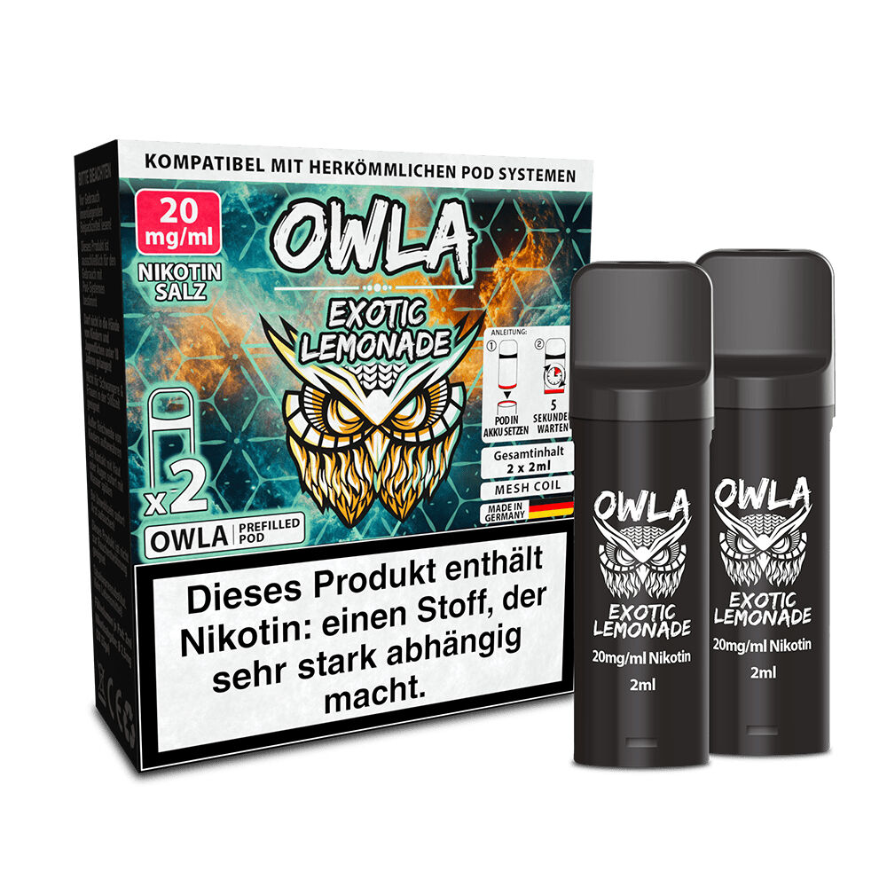 Owla Pods - Exotic Lemonade 20mg Owla Pods Exotic Lemonade 20mg Packung mit zwei schwarzen Pods, Abbildung einer Eule, Hinweis auf Nikotin und Gebrauchsanweisung.