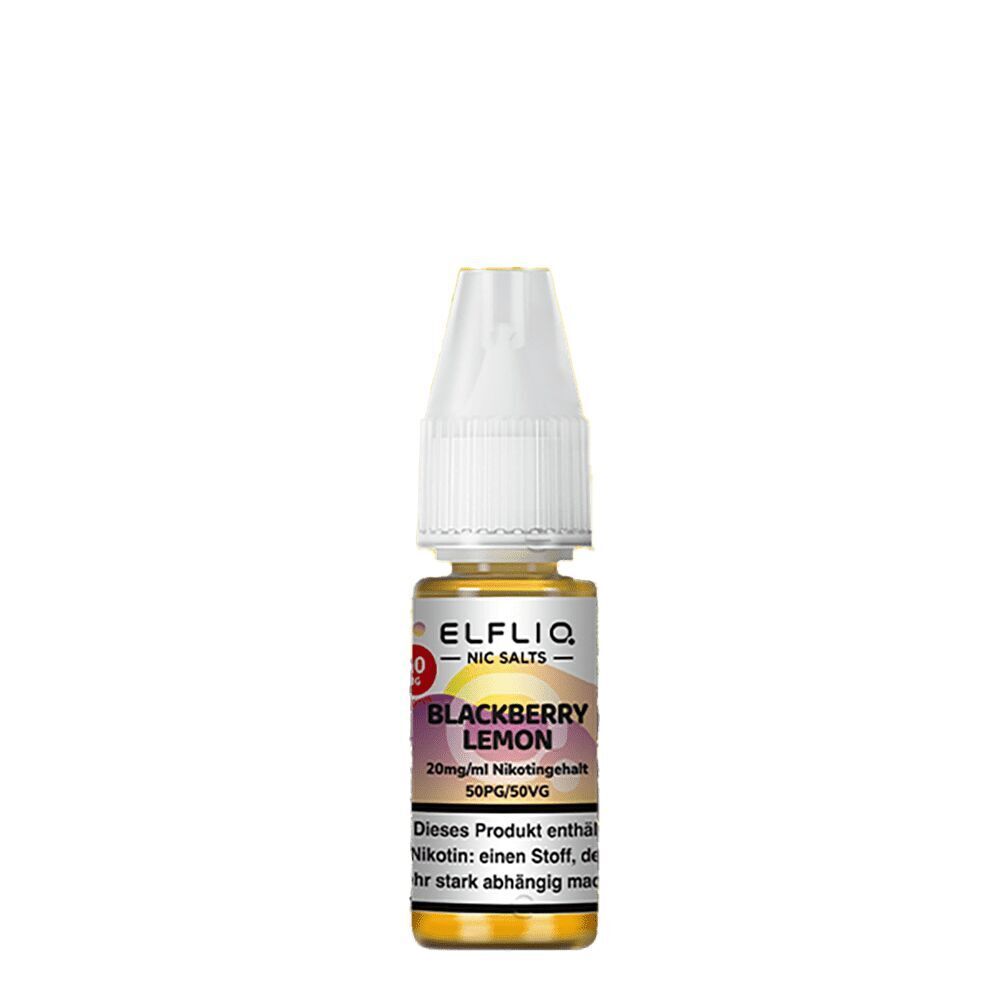 Elfliq Nikotinsalz - Blackberry Lemon 20mg Flasche Elfliq Nikotinsalz Blackberry Lemon 20mg mit weißem Verschluss, Etikett in Lila- und Gelbtönen, sichtbar ist Warnhinweis zu Nikotin.