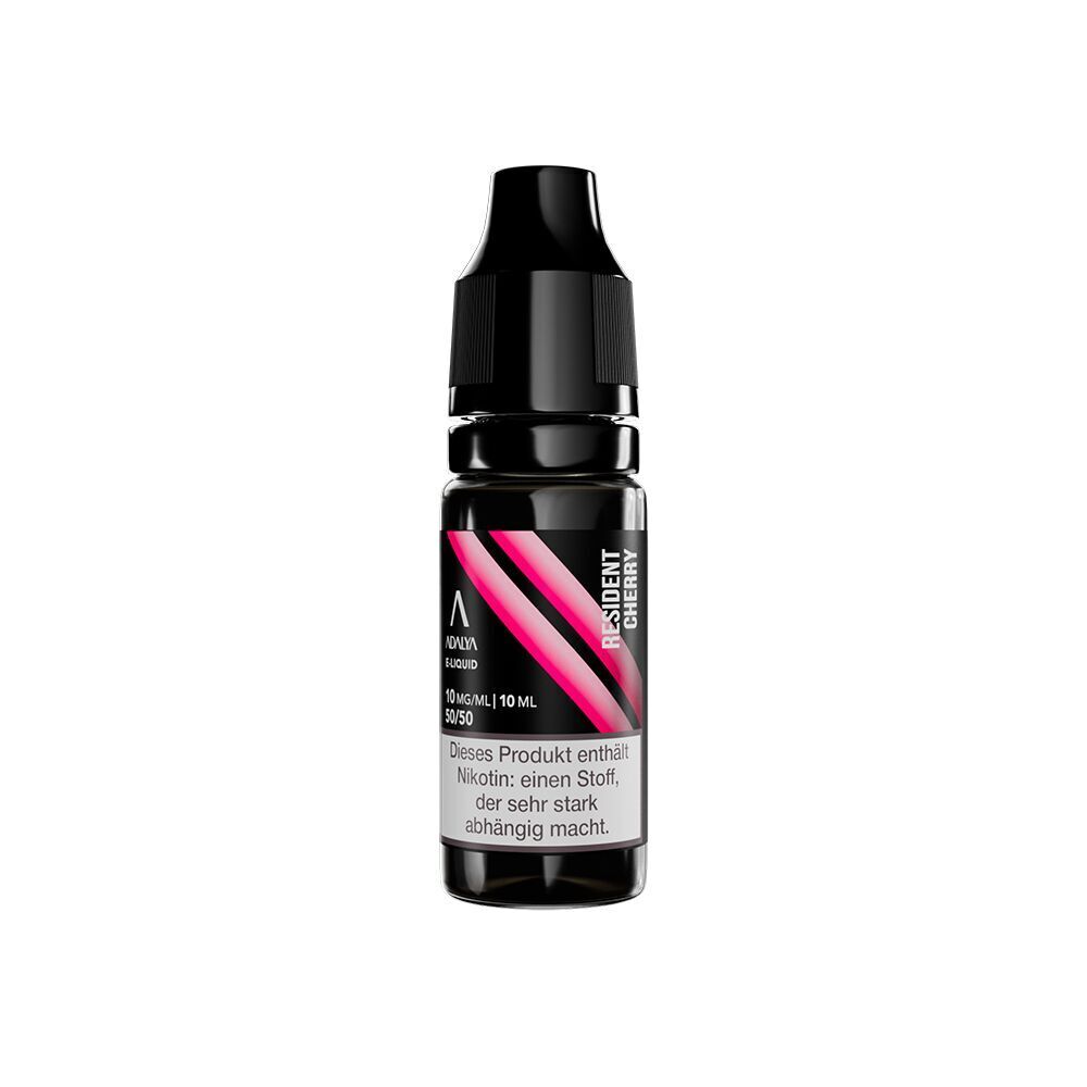 Liquid Resident Cherry 10mg - Adalya Nikotinsalz Flasche Adalya Nikotinsalz Resident Cherry, 10 mL, mit schwarzem Deckel und pinkem Etikett, enthält 10 mg Nikotin, Warnhinweis auf Vorderseite.