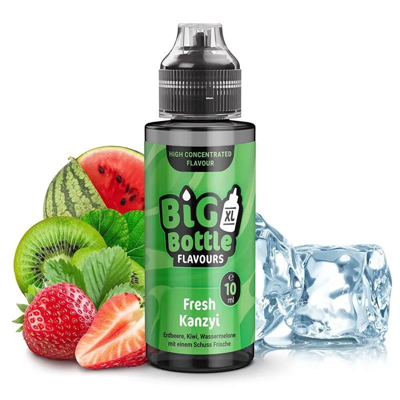 Aroma Fresh Kanzyi von Big Bottle Flavours Big Bottle Flavours Aroma Fresh Kanzyi, 10 ml Flasche mit Geschmacksrichtungen von Erdbeere, Kiwi, Wassermelone und Eiswürfel im Hintergrund.