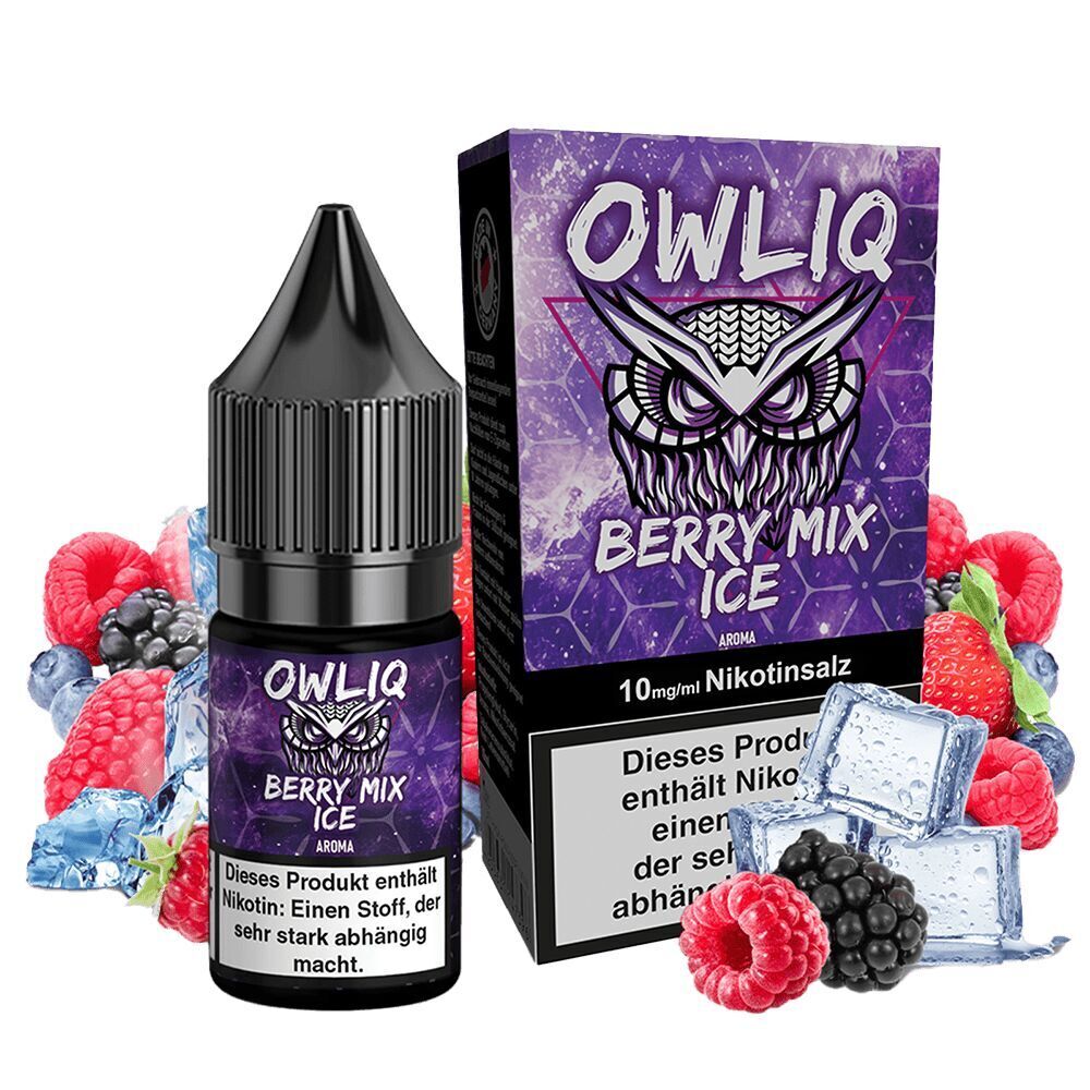 Owliq Nikotinsalz - Berry Mix Ice Owliq Berry Mix Ice Nikotinsalz-Flasche und Verpackung mit Beeren und Eiswürfeln im Hintergrund.