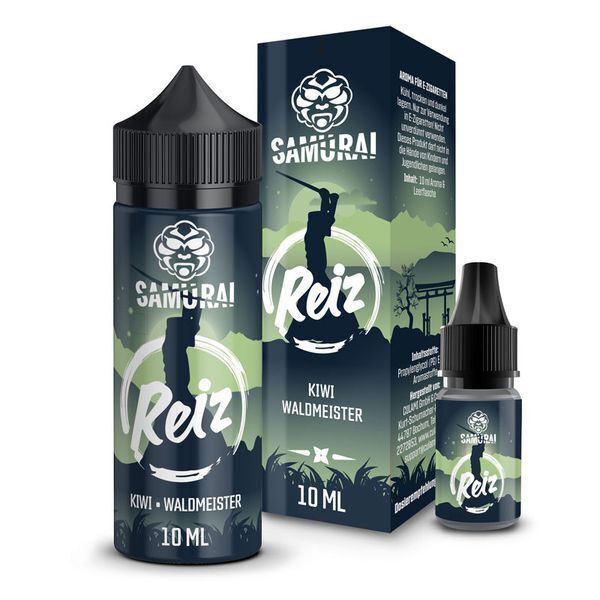 Aroma Reiz von Samurai Zwei Flaschen Samurai Aroma Reiz Kiwi Waldmeister mit passender Verpackung, 10 ml, schwarzer Verschluss, grünes und blaues Design.