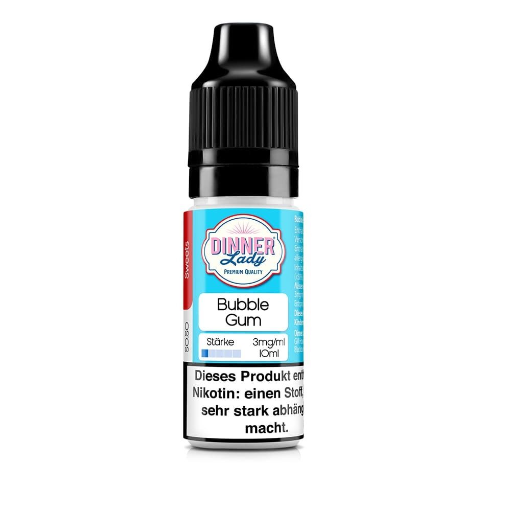 E-Flüssigkeit Dinner Lady Bubblegum 3mg in 10ml Flasche mit blauem Etikett und Warnhinweis über Nikotingehalt.
