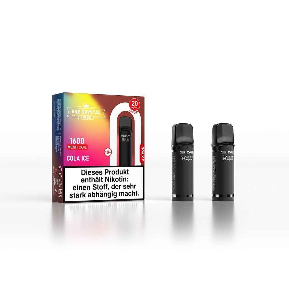 SKE Crystal 800 Pro Pods - Cola Ice SKE Crystal Pro Pods Cola Ice 20mg Verpackung mit zwei schwarzen Pods, sichtbare Warnung über Nikotingehalt auf der Packung.