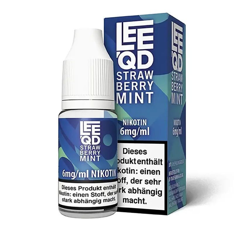 Liquid Fresh Strawberry Mint 6mg - Leeqd Leeqd Liquid Flasche und Verpackung mit der Aufschrift "Strawberry Mint", blauer Hintergrund, Nikotingehalt 6mg/ml hervorgehoben.