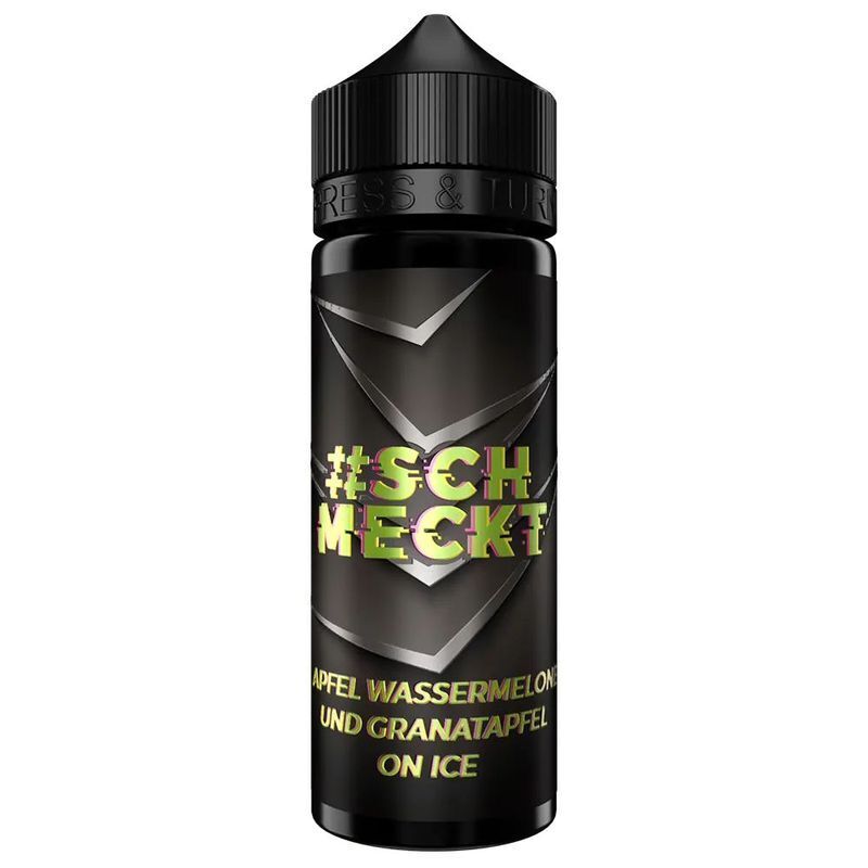Aroma Apfel Wassermelone und Granatapfel Ice von #schmeckt E-Liquid-Flasche von #schmeckt mit Apfel Wassermelone und Granatapfel Ice, schwarzes Design, grüner und gelber Text.