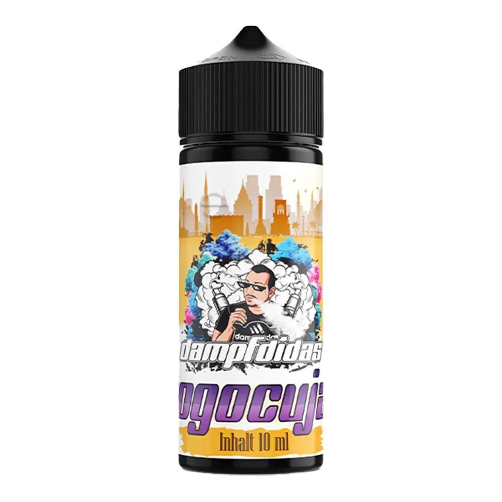 Dampfdidas Aroma Jogocuja 110 ml Flasche mit farbigem Stadtbild und einer Zeichnung eines Mannes mit Sonnenbrille und Dampfer.