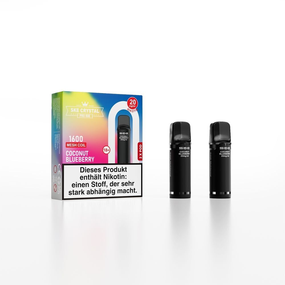 SKE Crystal 800 Pro Pods - Coconut Blueberry Verpackung und zwei schwarze SKE Crystal Pro Pods "Coconut Blueberry 20mg" mit Warnhinweis; Verpackung in bunten Farben.