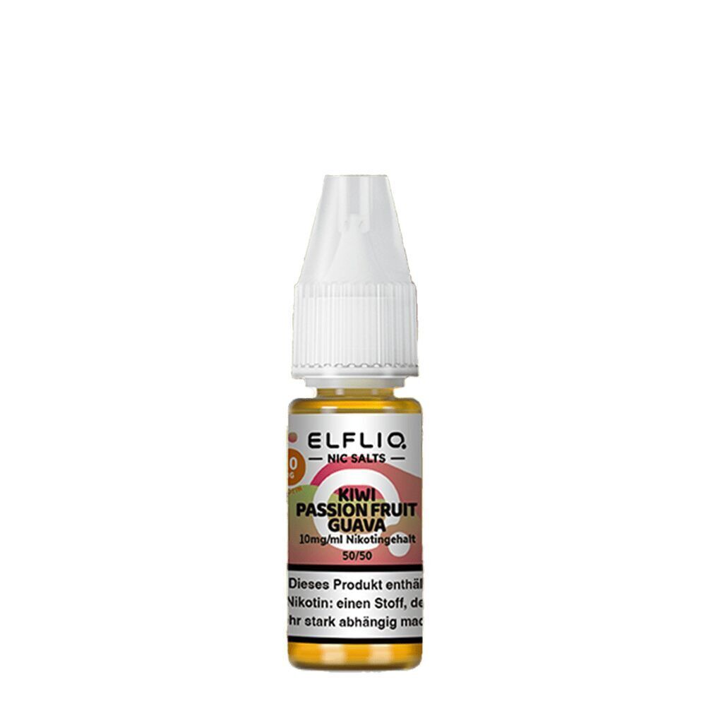Elfliq Nikotinsalz - Kiwi Passion Fruit Guava 10mg Elfliq Nikotinsalz-Flasche mit Kiwi Passion Fruit Guava Geschmacksrichtung, weißer Verschluss, 10mg/ml Nikotingehalt, 50/50 Mischung