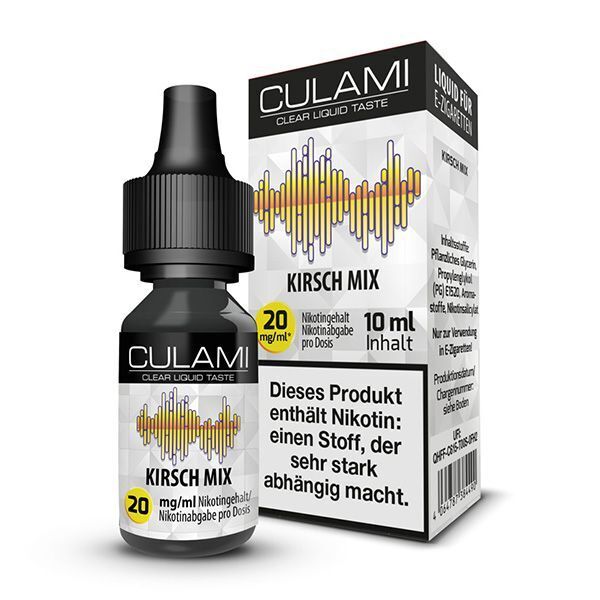 Culami Nikotinsalz - Kirsch Mix 20mg Flasche und Verpackung von Culami Nikotinsalz Kirsch Mix 20 mg mit Angaben zu Nikotingehalt und Warnhinweis zu Abhängigkeit auf der Packung.