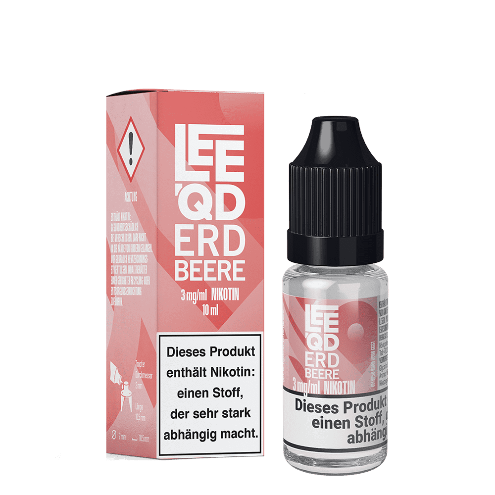 E-Liquid-Flasche und Verpackung von Leeqd Liquid in der Geschmacksrichtung Erdbeere, 3mg Nikotin, Warnhinweis auf Suchtpotenzial sichtbar.