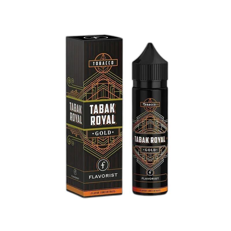 Aroma Tabak Royal Gold von Flavorist Flavorist Aroma Tabak Royal Gold Flasche und Verpackung in Schwarz mit Goldakzenten und Art-Déco-Design, Text „Tabak Royal Gold“ sichtbar