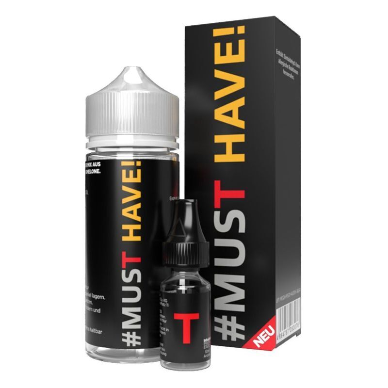 Aroma T von Must Have von Aroma Zwei schwarze Flaschen mit weißer und gelber Aufschrift "#MUST HAVE" vor einem schwarzen Karton, kleinere Flasche markiert mit "T"