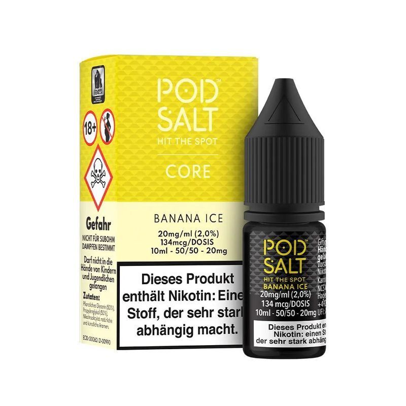 Liquid Banana Ice mit 20mg Nikotin von Pod Salt Core Pod Salt Core Nikotinsalz Banana Ice 20mg Flasche vor gelber Verpackung mit Warnhinweisen, enthält Nikotin, stark abhängig machend.