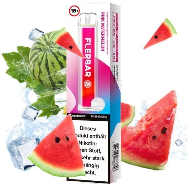 Pink Watermelon mit 20mg Nikotin Flerbar E-Shisha Flerbar Pink Watermelon Vape, umgeben von Wassermelonenstücken, Eiswürfeln und grünen Blättern, mit Nikotinhinweistext