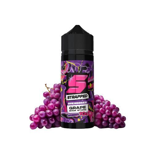 Aroma Grape Soda Storm - Strapped Flasche Strapped Aroma Grape Soda Storm mit violettem Design, umgeben von Trauben.