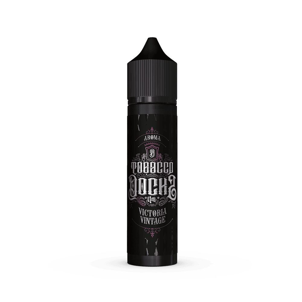 Aroma Viktoria Vintage - Tobacco Docks Schwarze Flasche mit der Aufschrift Tobacco Docks Aroma Viktoria Vintage in weiß und rosa auf dem Etikett, schwarzer Deckel
