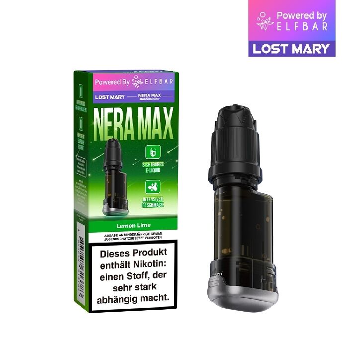 Lost-Mary-Nera-Nachfüllbehälter-Lemon-Lime.jpg Lost Mary Nera Max 15K Pod in Lemon Lime Flavor neben einer Verpackung mit grüner Hintergrundfarbe und Nikotinwarnhinweis.