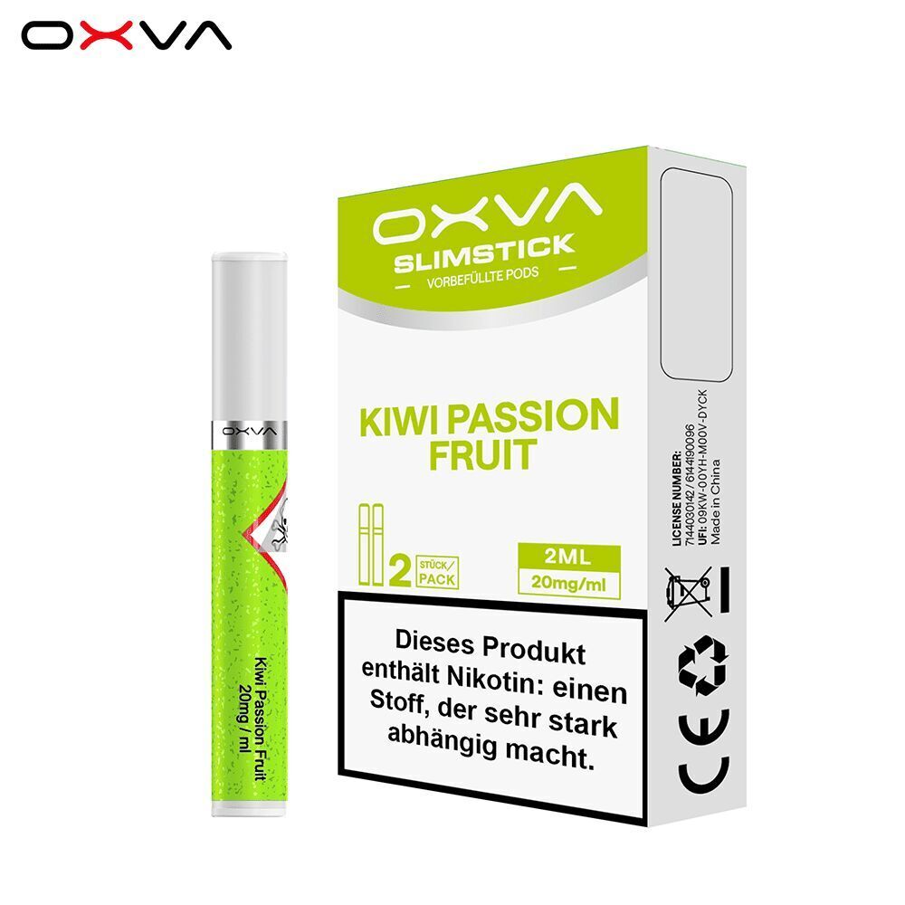 Oxva Slimstick Pods Kiwi Passion Fruit - 20mg Nikotinsalz Oxva Slimstick Kiwi Passion Fruit 20mg; grüne Verpackung mit Text: Dieses Produkt enthält Nikotin, stark abhängig machend.