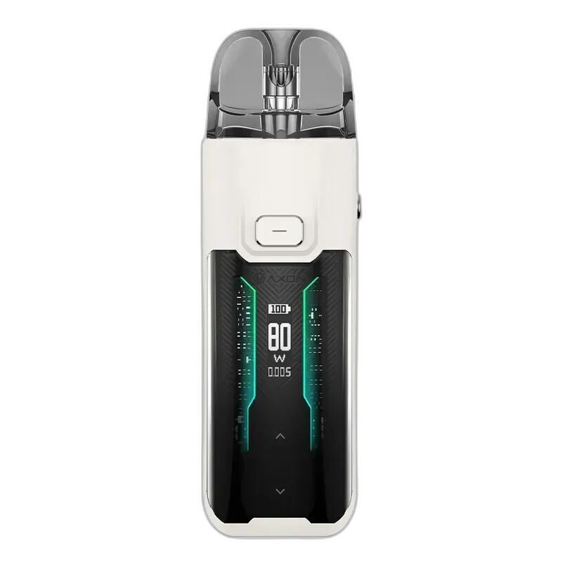 Vaporesso Luxe XR Max Pod Kit White Vaporesso Luxe XR Max Pod Kit in Weiß mit digitalem Display, das 80 Watt und weitere Werte anzeigt, abgerundetes Mundstück oben.