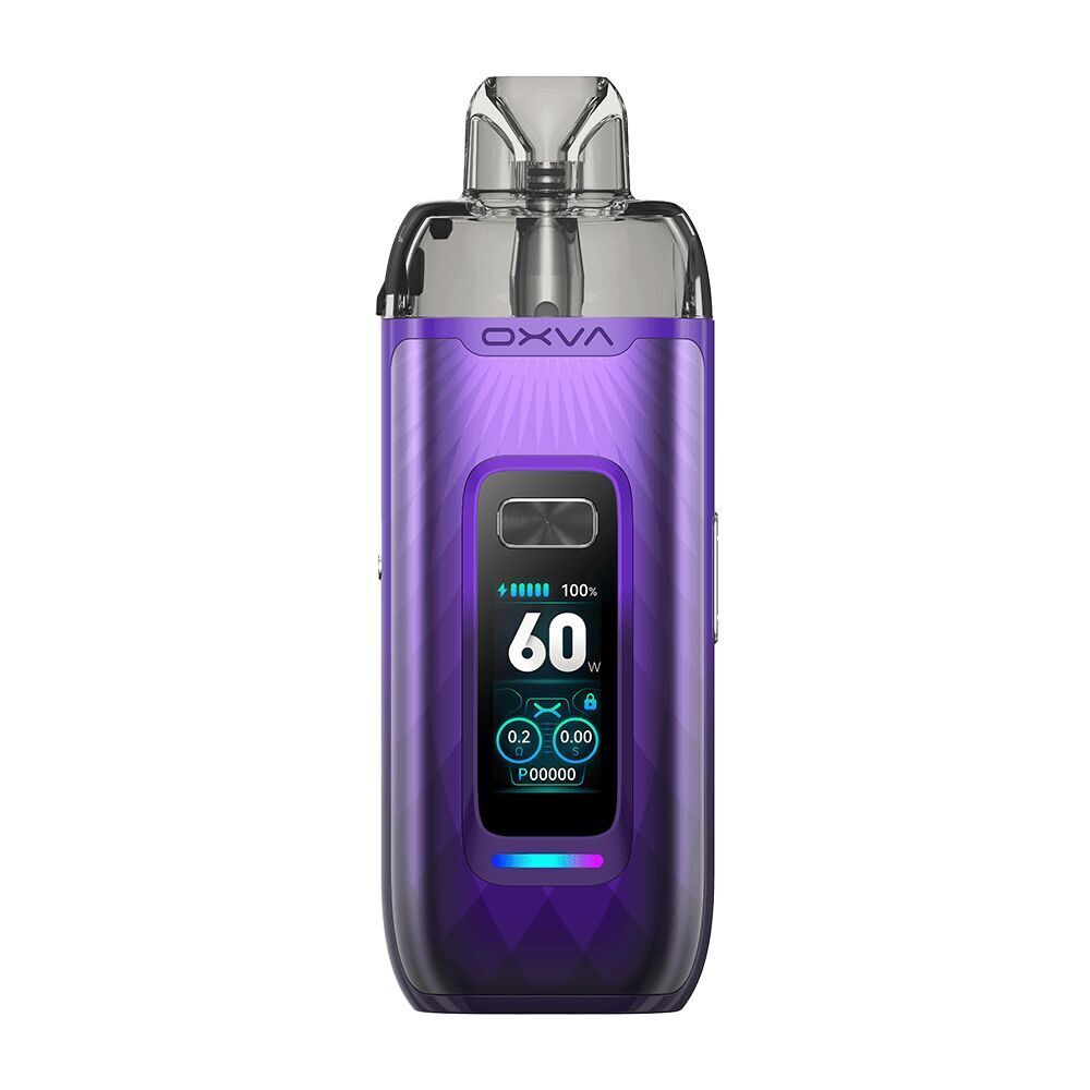 Oxva Vprime Pod Kit in Auroral Purple mit digitalem Display, das 60 W zeigt, einschließlich Ladeanzeige und Bedienelementen