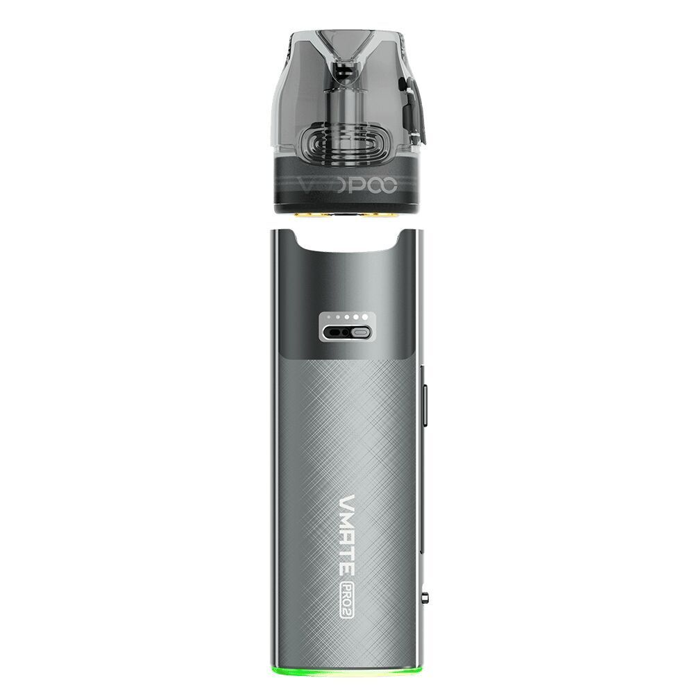 Voopoo Vmate Pro 2 Pod Kit - Space Grey Voopoo Vmate Pro 2 Pod Kit in Space Grey mit transparentem Pod, sichtbar ist der Schriftzug "VMATE Pro 2" auf der Vorderseite