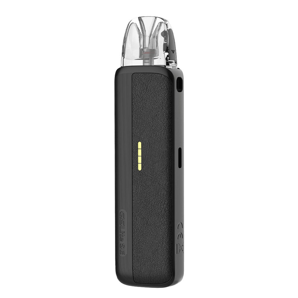220826-8 Uwell Caliburn G5 Lite SE Pod Kit in schwarzem Lederdesign mit abgerundeten Kanten und sichtbar transparentem Mundstück
