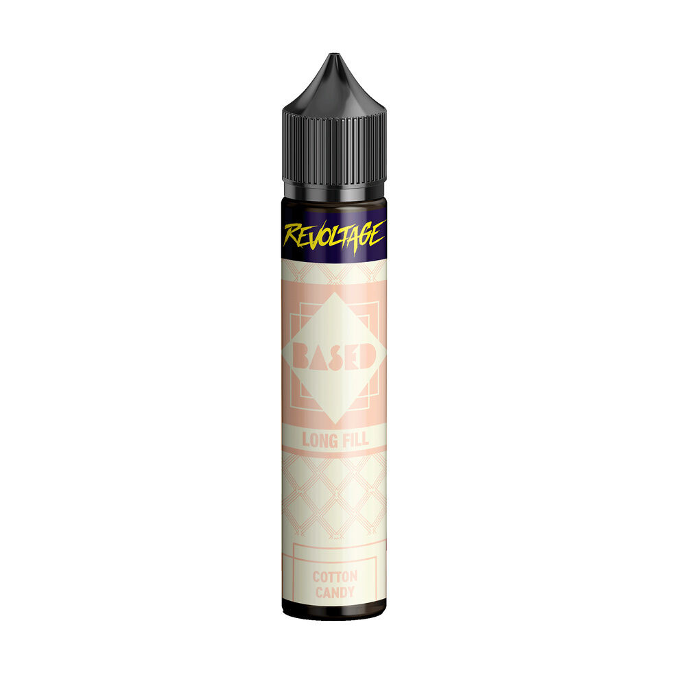 revoltage-based-longfill-aroma-cotton-candy Revoltage Based Longfill Aroma-Flasche mit dunklem Verschluss, Etikett zeigt "Based Long Fill" und "Cotton Candy" im hellen Design.