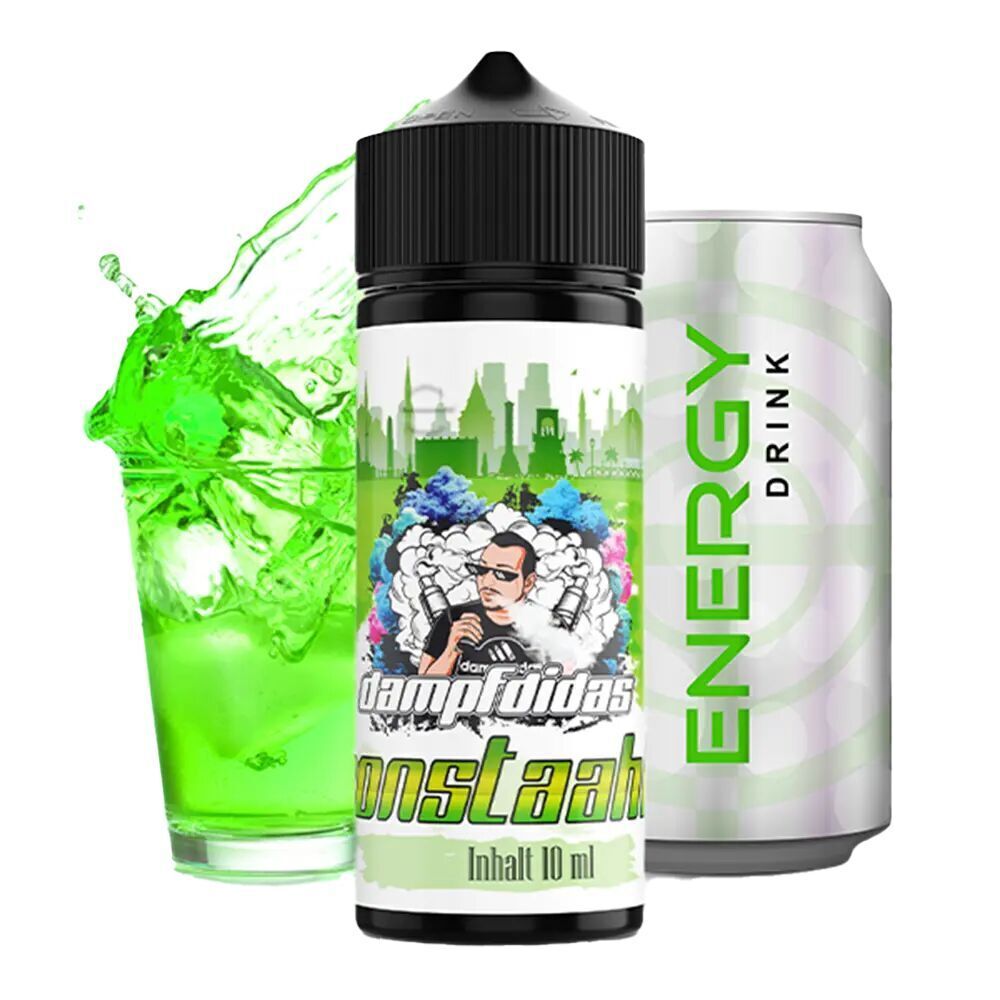 Aroma Monstaahh von Dampfdidas Dampfdidas Aroma Monstaahh 10 ml Flasche, grünes Getränk im Glas, Energydrink-Dose im Hintergrund.