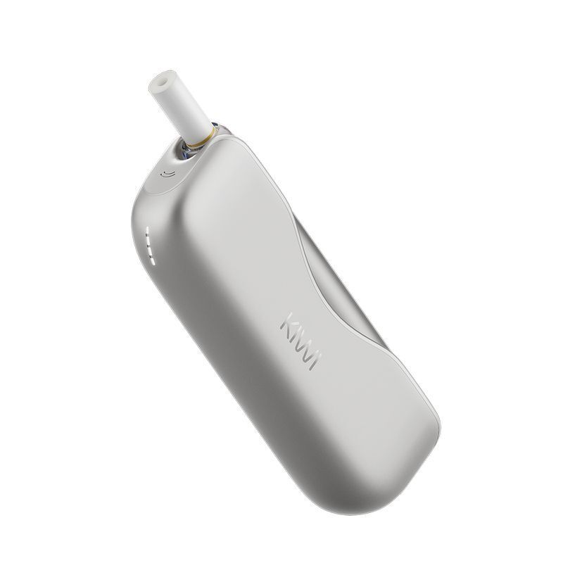 Kiwi 2 Pod Kit in Silber mit glatter Oberfläche und integriertem Mundstück, LED-Anzeige und „Kiwi“-Branding auf der Seite