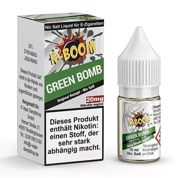 Liquid Green Bomb - K-Boom 20mg K-Boom Nikotinsalz Green Bomb 20mg, 10 ml Flasche vor ihrer Verpackung, enthält Nikotin, Originalrezept für E-Zigaretten.