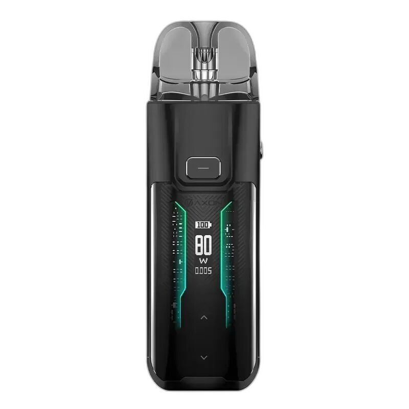 Vaporesso Luxe XR Max Pod Kit Vaporesso Luxe XR Max Pod Kit in Schwarz mit transparentem Mundstück, Display zeigt 80W und Akkustand an
