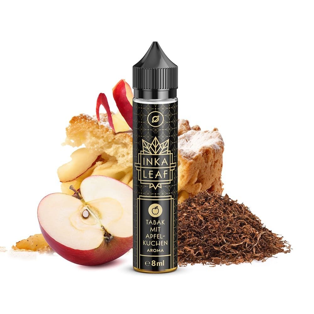 Aroma Tabak mit Apfelkuchen von Flavorverse Flasche Flavorverse Aroma Tabak mit Apfelkuchen vor einem Stück Apfelkuchen, Apfelscheiben und Tabakblättern.
