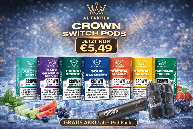 Produktübersicht der Al Fakher Crown Switch Pods mit mehreren Sorten und Akku