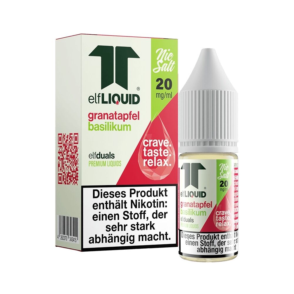 Elf Liquid Nikotinsalz - Granatapfel Basilikum Flasche und Verpackung von Elf Liquid Nikotinsalz mit Granatapfel-Basilikum-Geschmack, 20 mg/ml, Hinweis auf Nikotinsuchtgefahr.