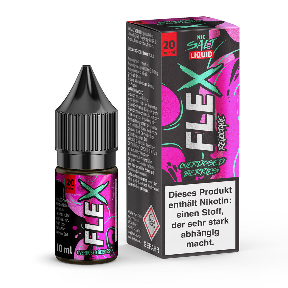 E-Liquid-Flasche und Box von Revoltage Flex Nikotinsalz Berries 20mg, mit pinkem Design und Warnhinweis, 10 ml Inhalt, 20 mg/ml Nikotin.