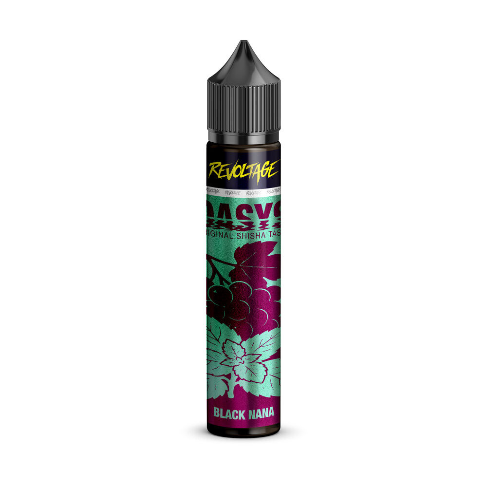 Revoltage Oasys Longfill Aroma Flasche mit schwarzer Kappe, lila Grafik mit Trauben und Blättern, Text "Black Nana" am unteren Rand.