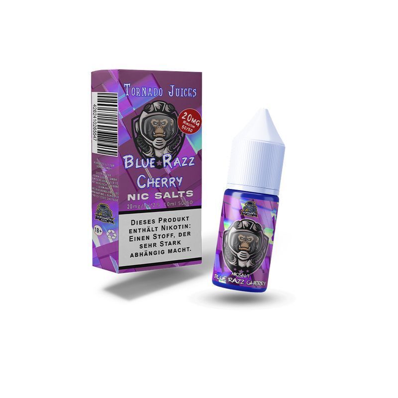 Tornado Juice Nikotinsalz Blue Razz Cherry 20mg mit Flasche und Verpackung, Warnhinweis auf Suchtpotenzial, lila Design mit Gorilla-Logo.