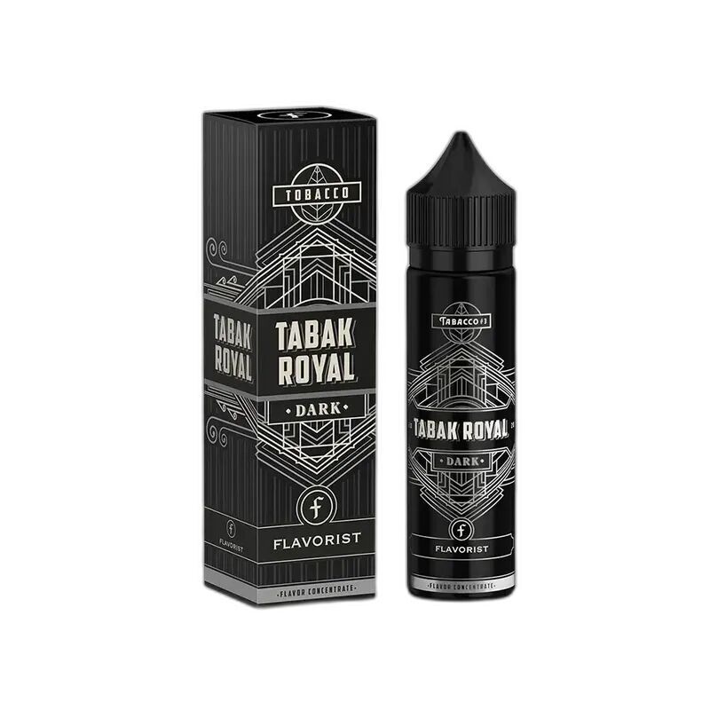Aroma Tabak Royal Dark von Flavorist Flavorist Aroma Tabak Royal Dark Flasche und Verpackung mit schwarzem Design, Art-Deco-Muster und weißem Schriftzug auf beiden, aromatisierter Tabak.