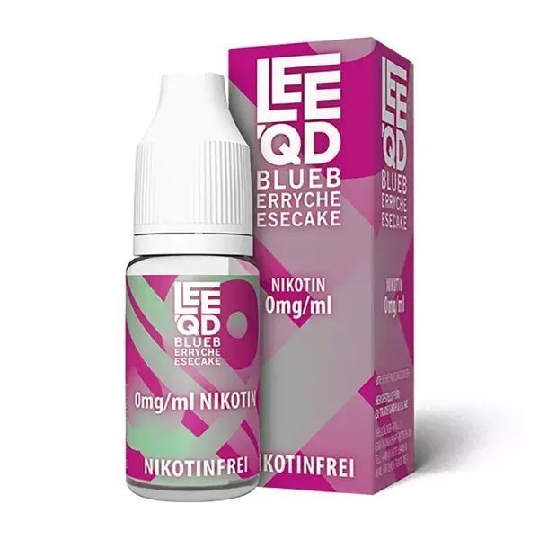 Liquid Crazy Blueberry Cheesecake - Leeqd Leeqd Liquid-Flasche und Verpackung mit Crazy Blueberry Cheesecake-Geschmack, keine Nikotinangabe, dominierend in pink und grün.
