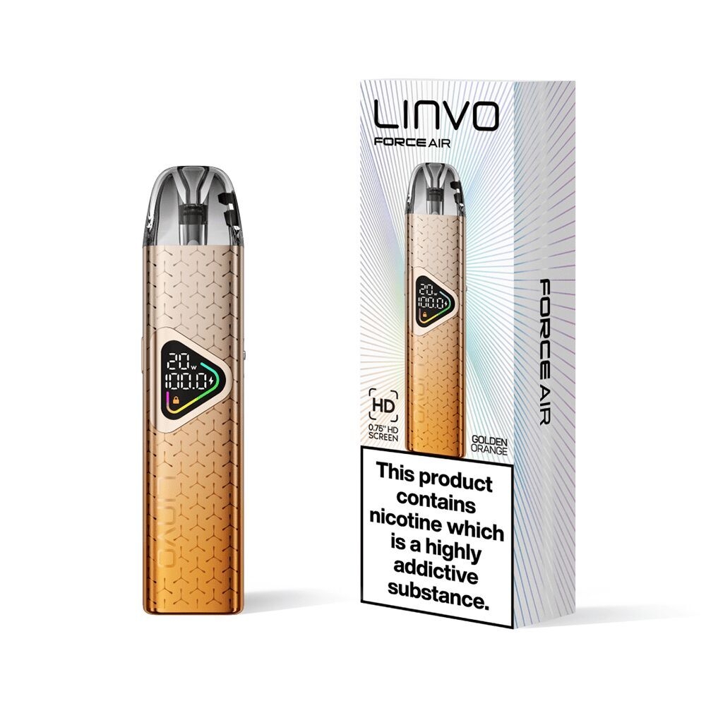 Linvo Force Air Pod Kit in Golden Orange mit Display zeigt 20W und 100,0%, Verpackung mit Warnhinweis und Produktname.