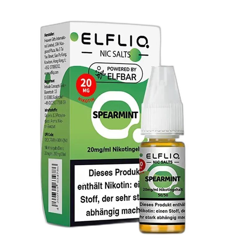 Elfliq Nikotinsalz - Spearmint 10mg Elfliq Nikotinsalz Spearmint 10mg Flasche und Verpackung mit grün-weißem Design und rotem 20 mg Nikotin Hinweis, enthält Warnhinweise.